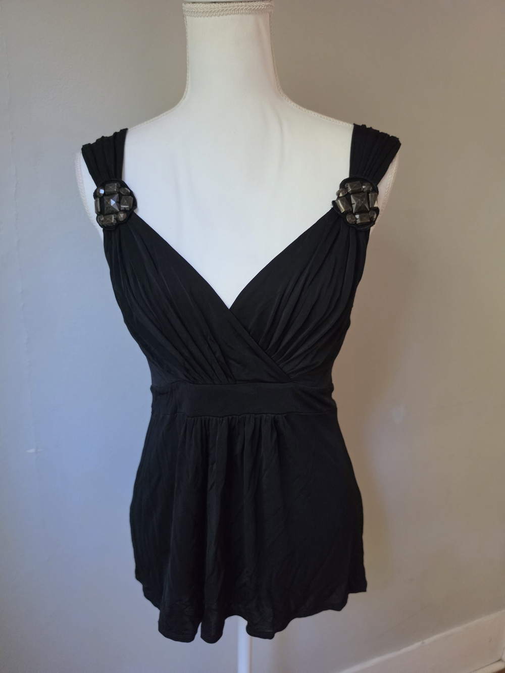 BCBGMaxAzria Black V-Neck Pleated Sleeveless Camisole with Embellished Straps